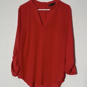 Women's Red V-Neck Long Sleeve Blouse